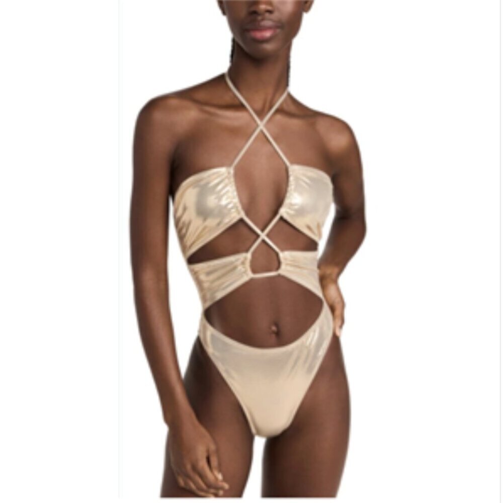 Solid and Striped The Ariana One Piece Cut Out Swimsuit Pale Gold Liquid Foil M